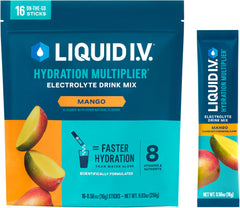 Liquid I.V. frente del empaque mango mostrando diseño y facilidad