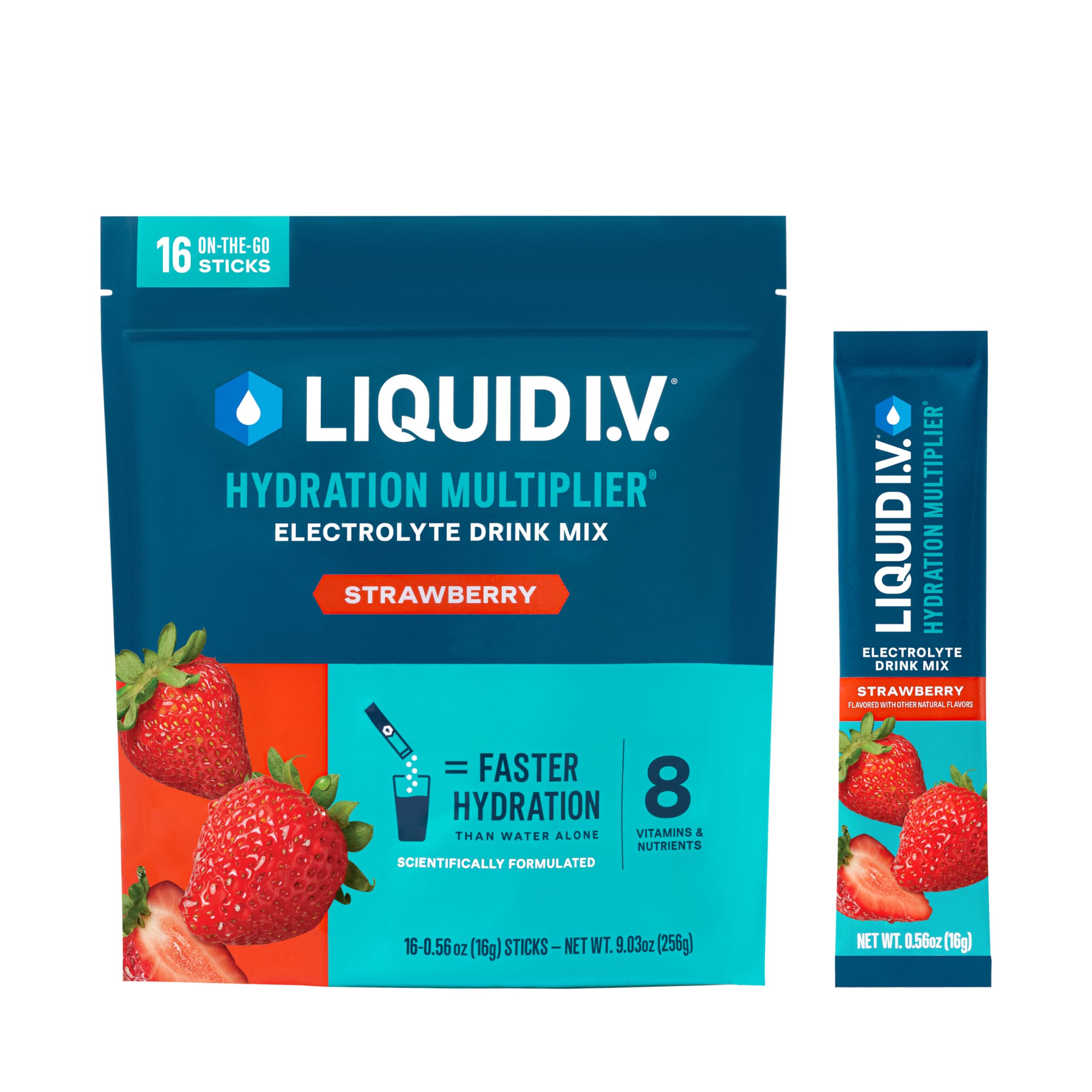 Liquid I.V. empaque frontal mostrando 16 sobres y beneficio hidratación rápida