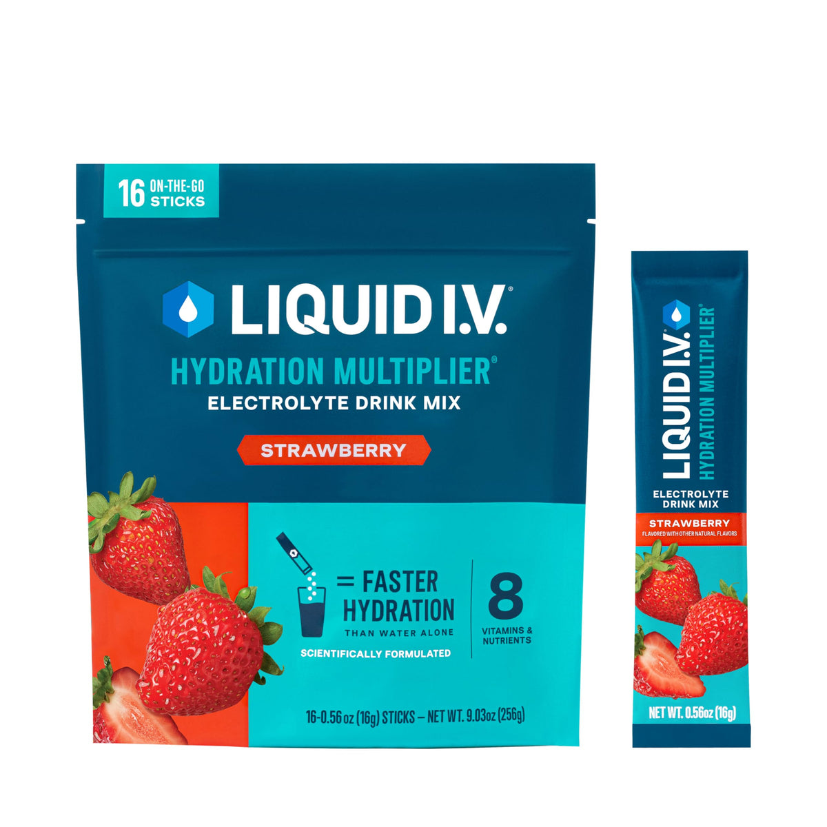 Liquid I.V. empaque frontal mostrando 16 sobres y beneficio hidratación rápida