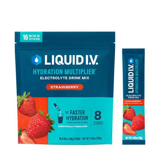 Liquid I.V. empaque frontal mostrando 16 sobres y beneficio hidratación rápida