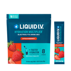 Liquid I.V. empaque frontal mostrando 16 sobres y beneficio hidratación rápida