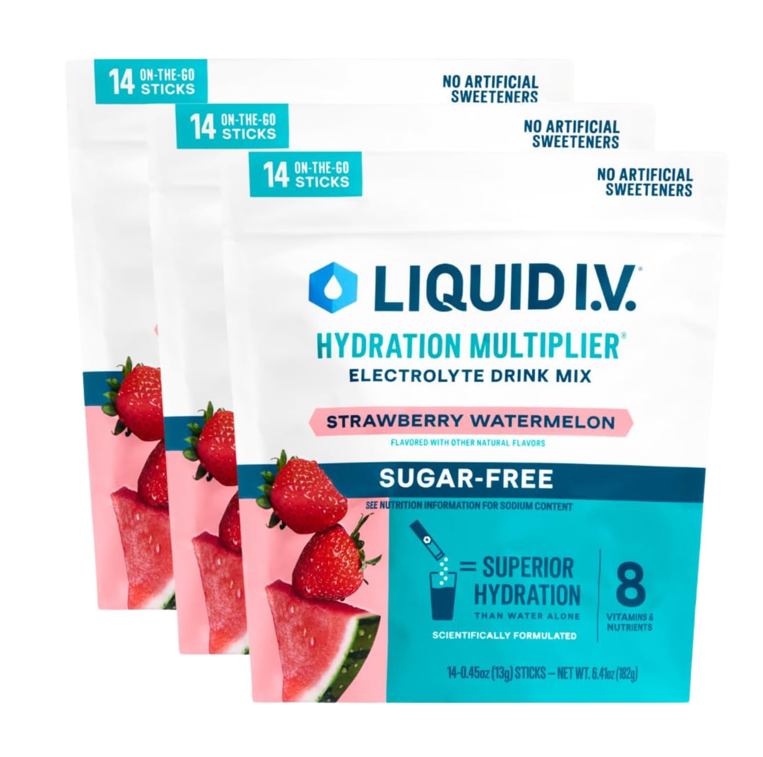 Liquid I.V. paquete frontal mostrando 42 sobres y beneficio de hidratación rápida