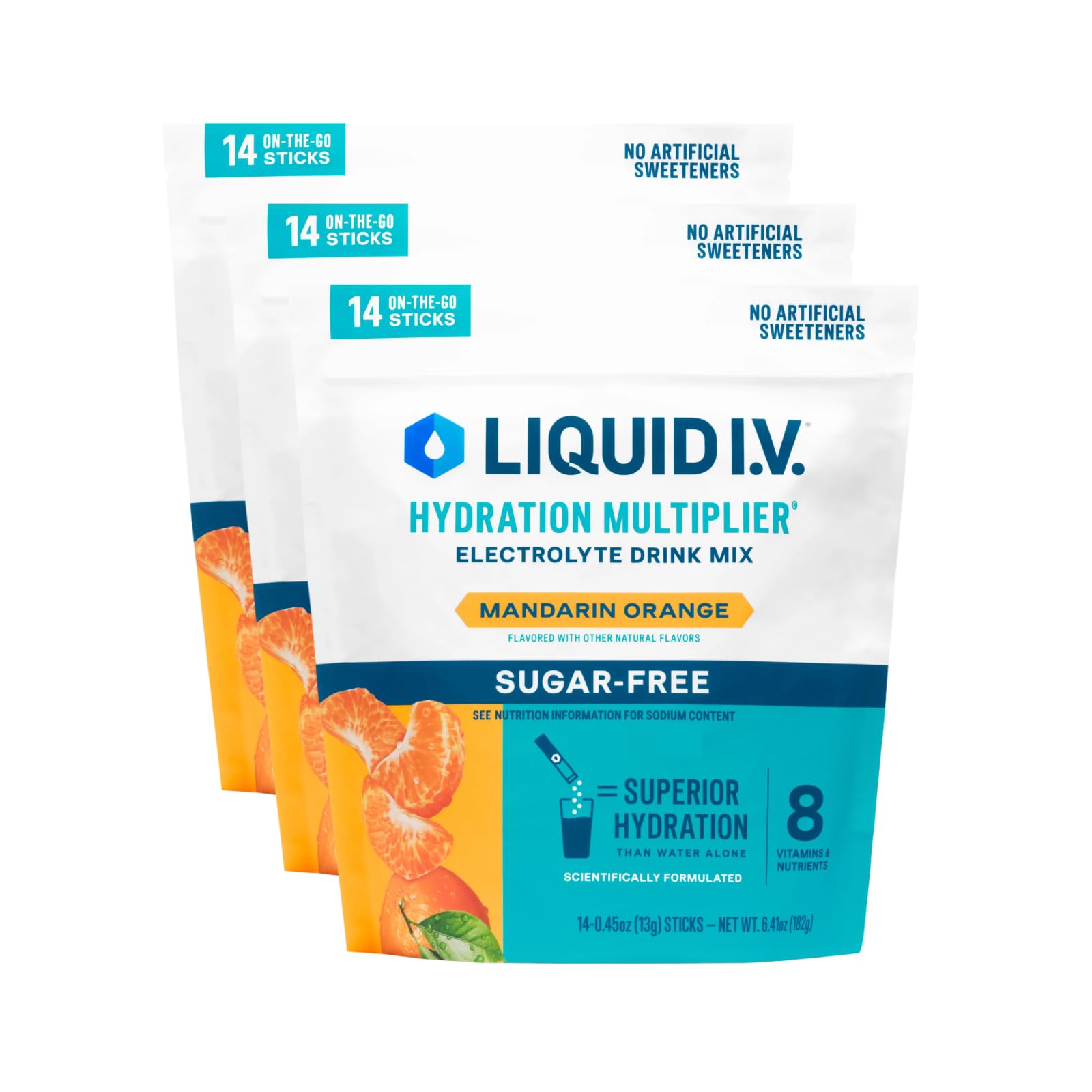 Liquid I.V. frente del paquete mandarín naranja mostrando beneficios de hidratación