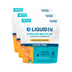 Liquid I.V. frente del paquete mandarín naranja mostrando beneficios de hidratación
