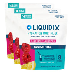 Liquid I.V. frontal del paquete Raspberry Lemonade mostrando 42 sobres y conveniencia