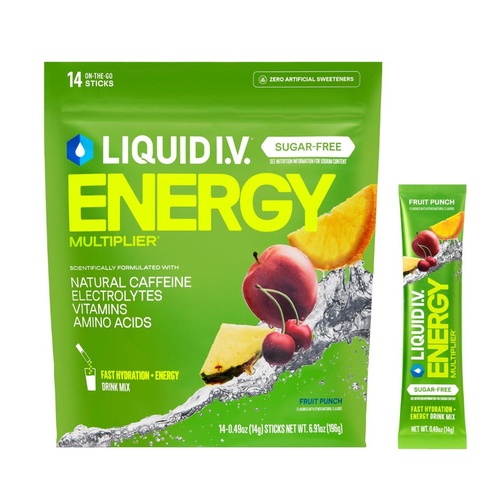 Liquid I.V. empaque frontal Fruit Punch que muestra la presentación y conveniencia