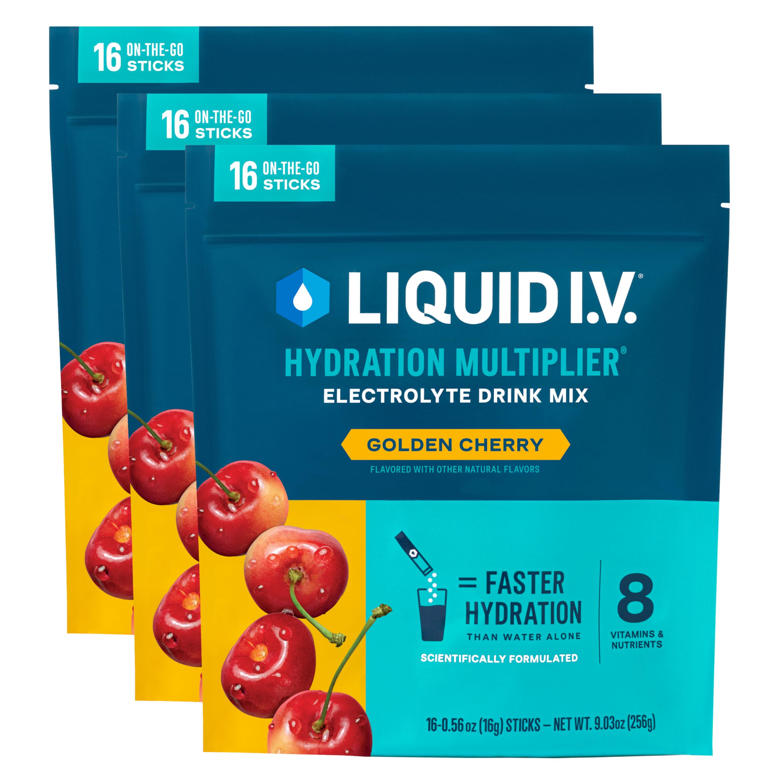 Liquid I.V. empaque frontal mostrando 48 sobres y beneficios de hidratación