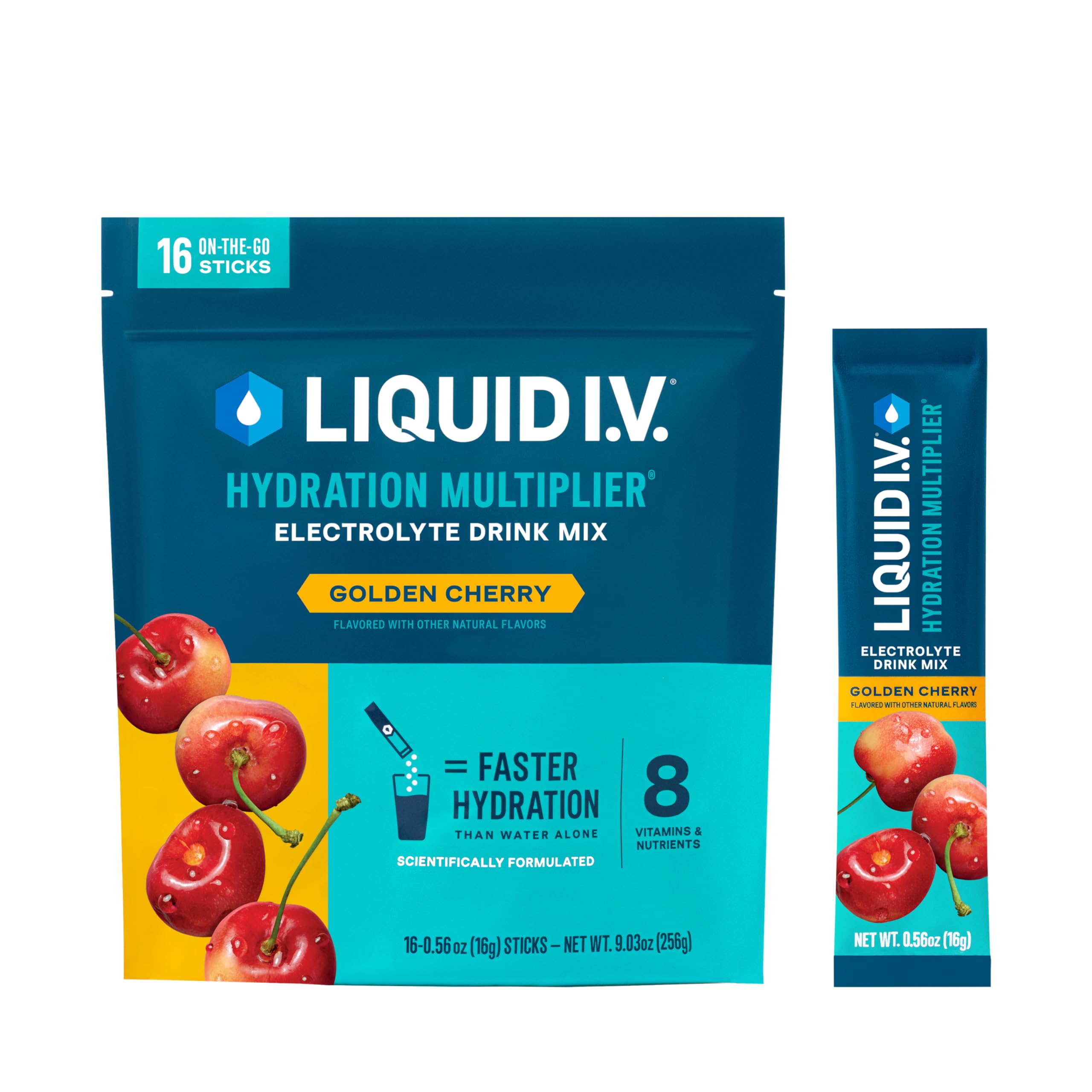 Liquid I.V. empaque frontal mostrando 16 sobres y beneficios