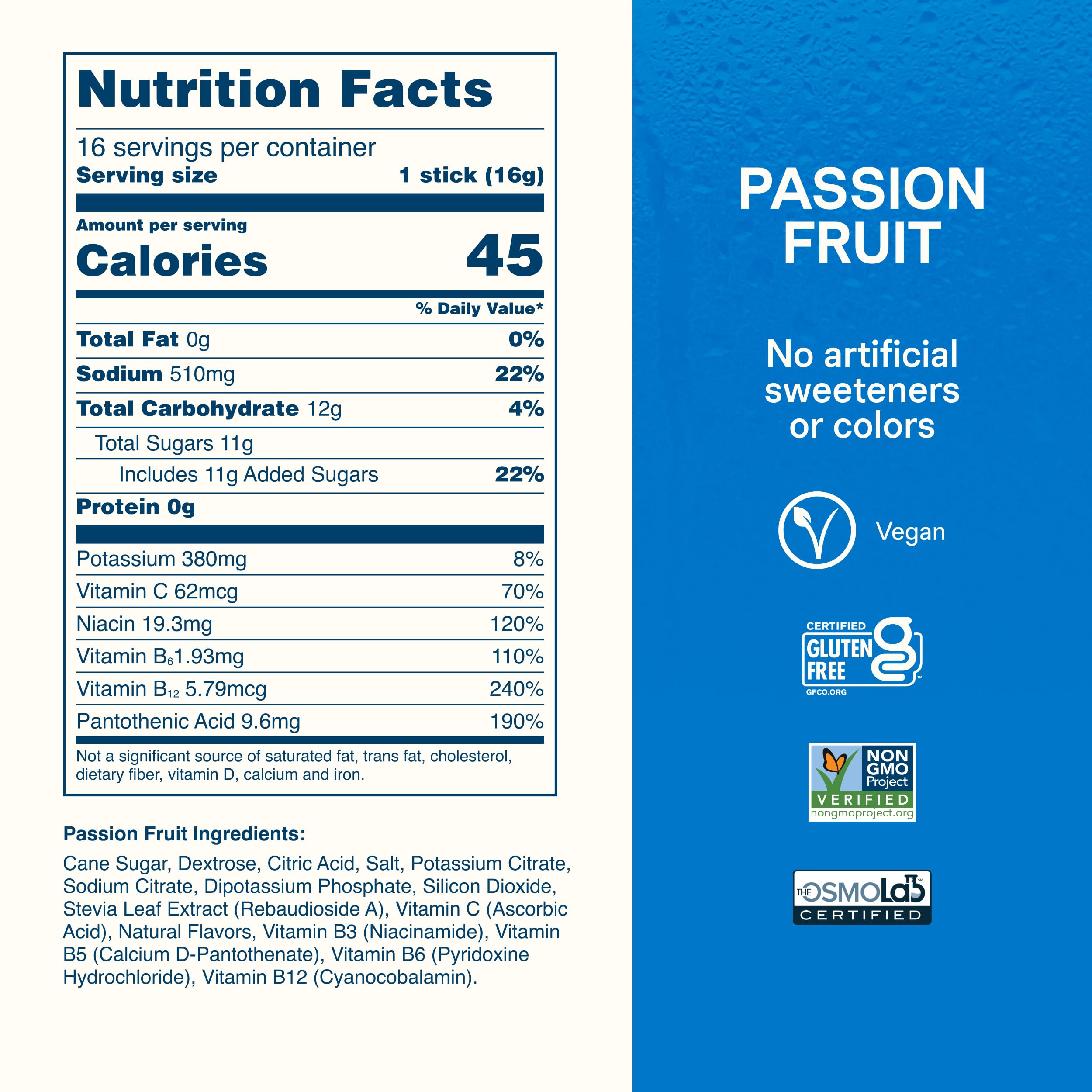 Etiqueta nutricional e ingredientes de Liquid I.V. Passion Fruit mostrando vitaminas y electrolitos