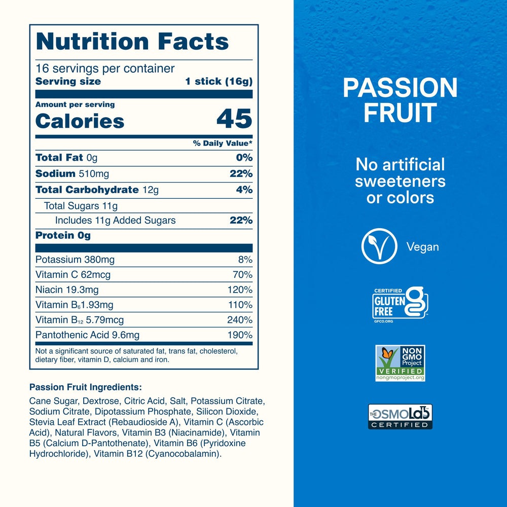 Etiqueta nutricional e ingredientes de Liquid I.V. Passion Fruit mostrando vitaminas y electrolitos