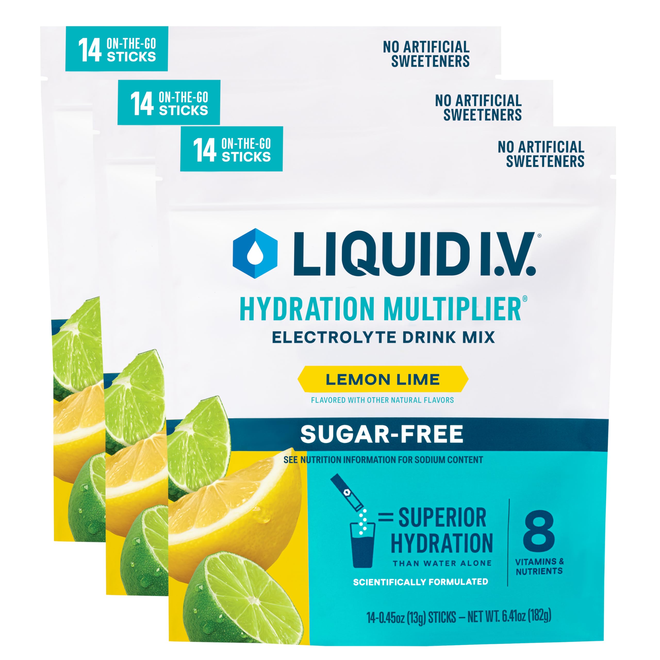 Liquid I.V. frente del empaque mostrando 42 sobres y beneficios