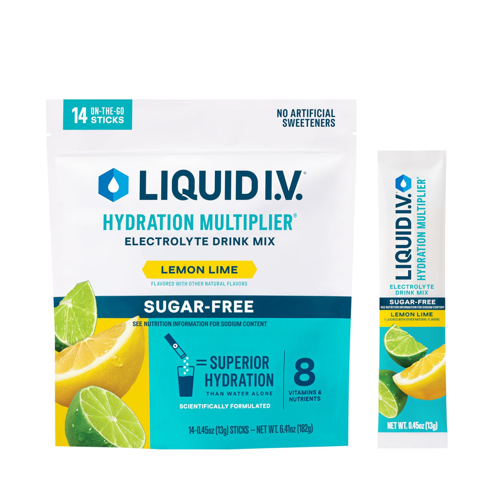 Liquid I.V. empaque frontal mostrando 14 sobres y sabor limón lima