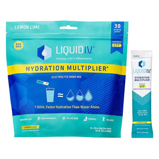 Liquid I.V. mostrando el sobre frente, rehidratación rápida