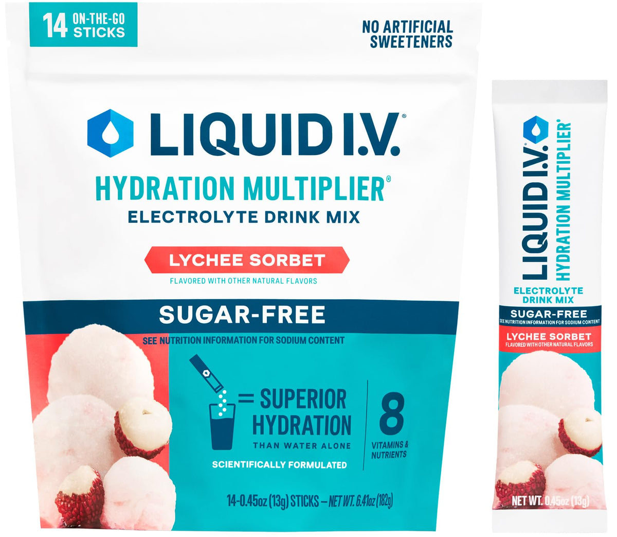 Liquid I.V. vista frontal del empaque mostrando 14 sobres y beneficios