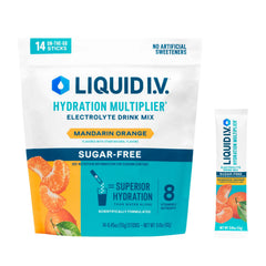 Liquid I.V. — vista frontal del empaque mandarina con beneficios claros