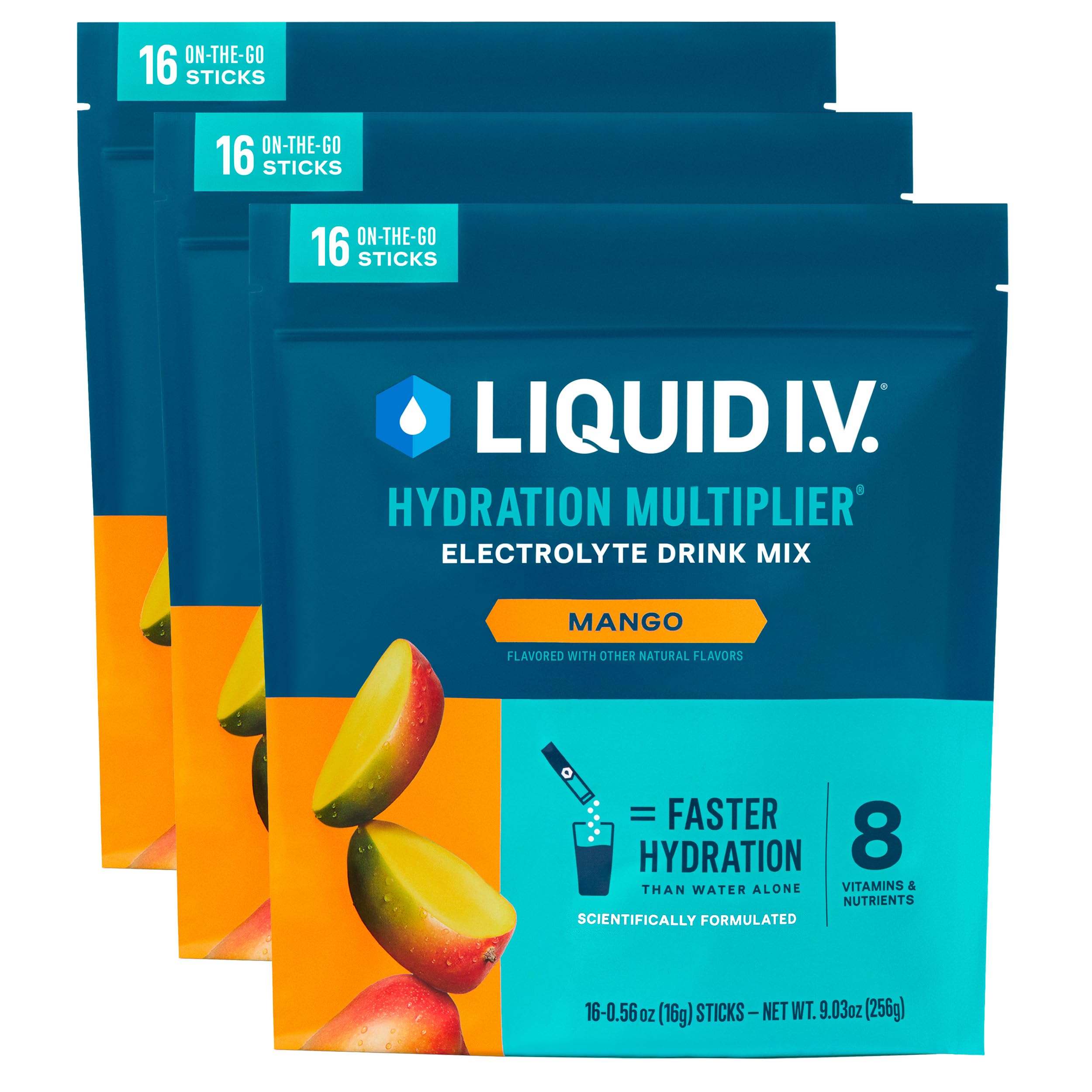 Liquid I.V. empaque frontal mango mostrando 48 sobres y beneficio de hidratación rápida