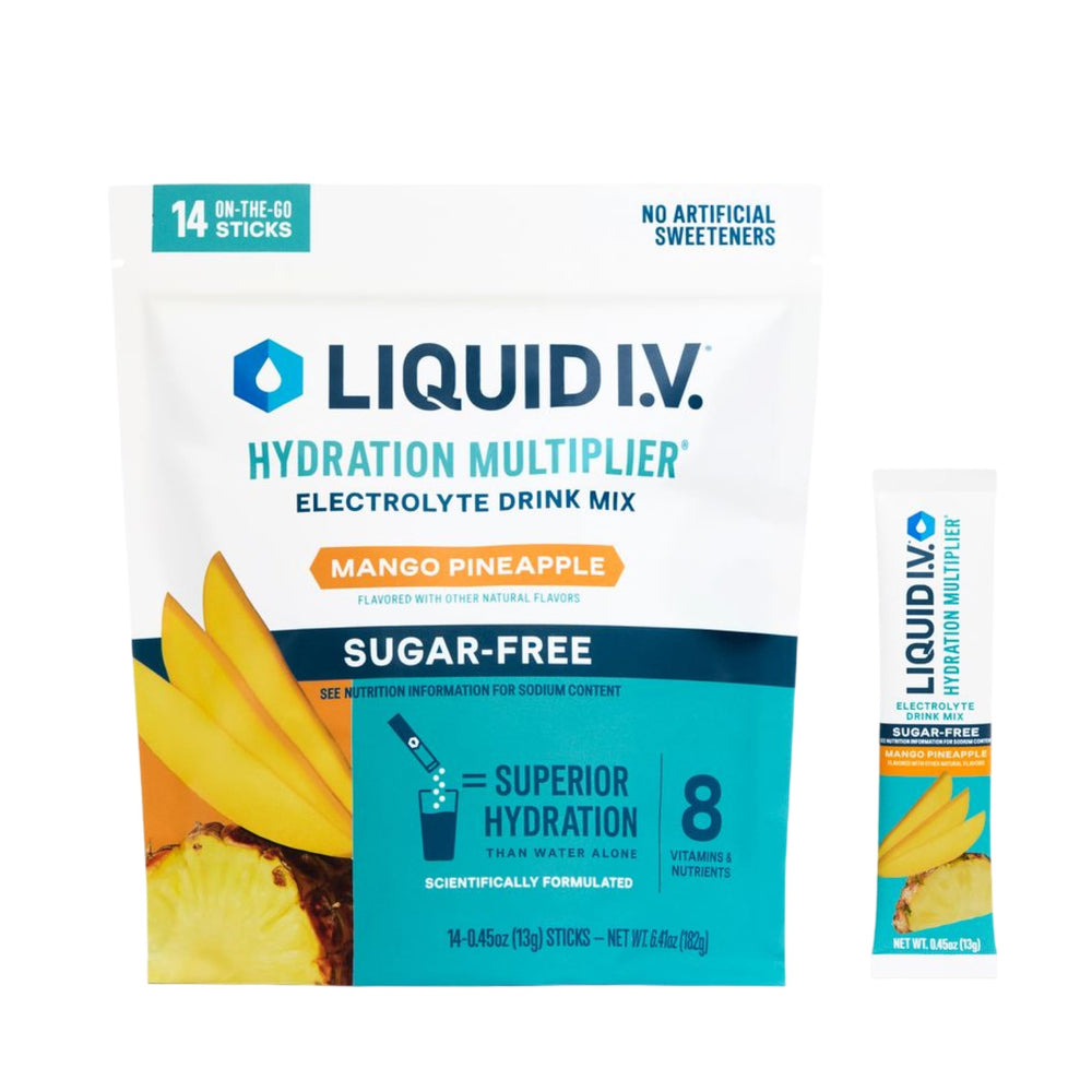 Liquid I.V. frente del empaque mostrando 14 sobres y sabor mango piña, práctico