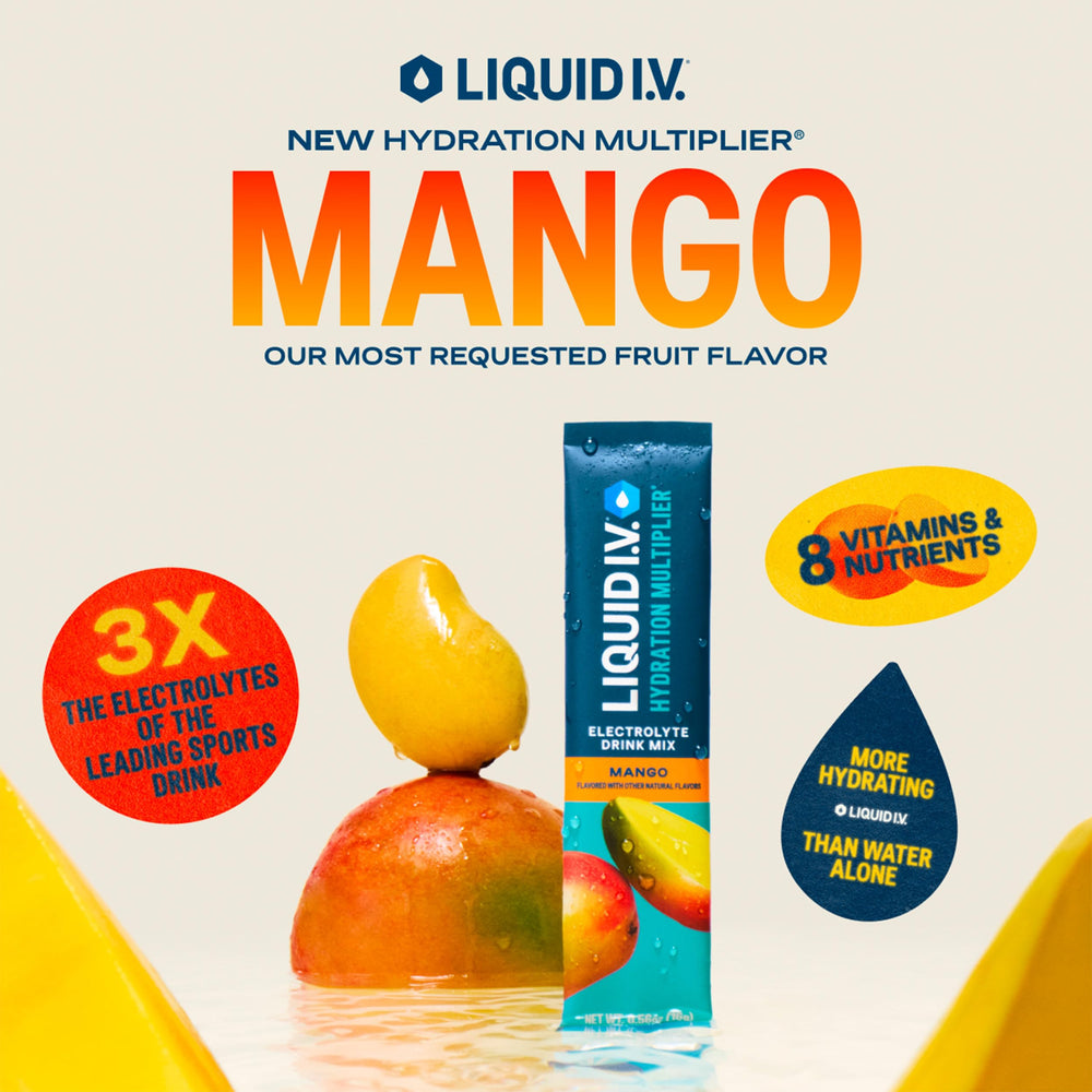 Liquid I.V. sobre individual sabor mango abierto para preparación fácil y portable