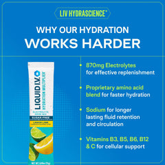 Liquid I.V. bebida mezclada en vaso con hielo, refrescante y revitalizante