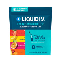 Liquid I.V. vista frontal del pack variado mostrando 16 sobres y sabores
