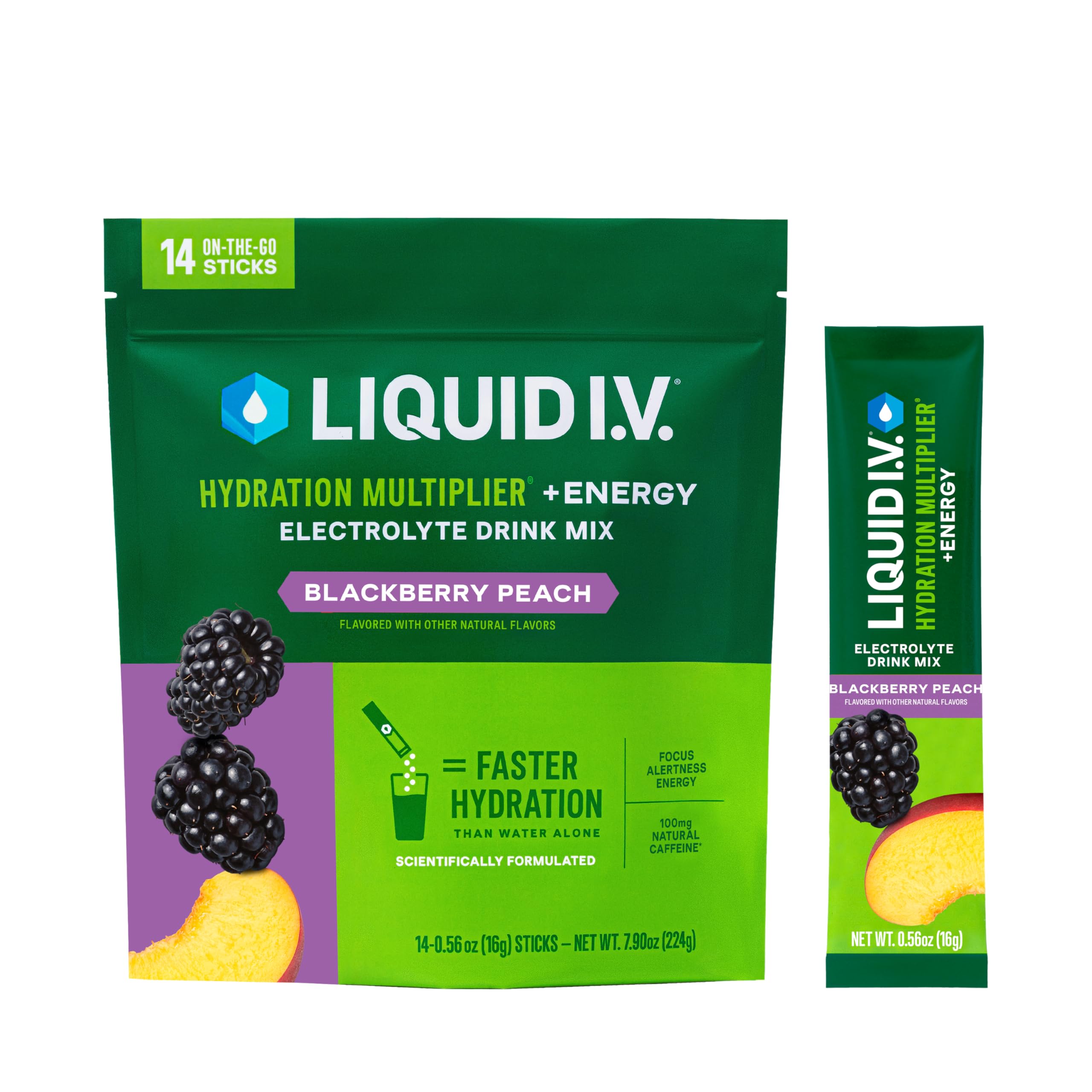 Liquid I.V. frente del envase BlackBerry Peach mostrando sobres y beneficios de hidratación