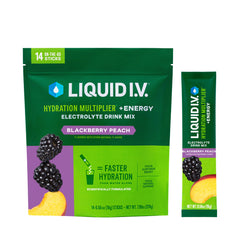 Liquid I.V. frente del envase BlackBerry Peach mostrando sobres y beneficios de hidratación