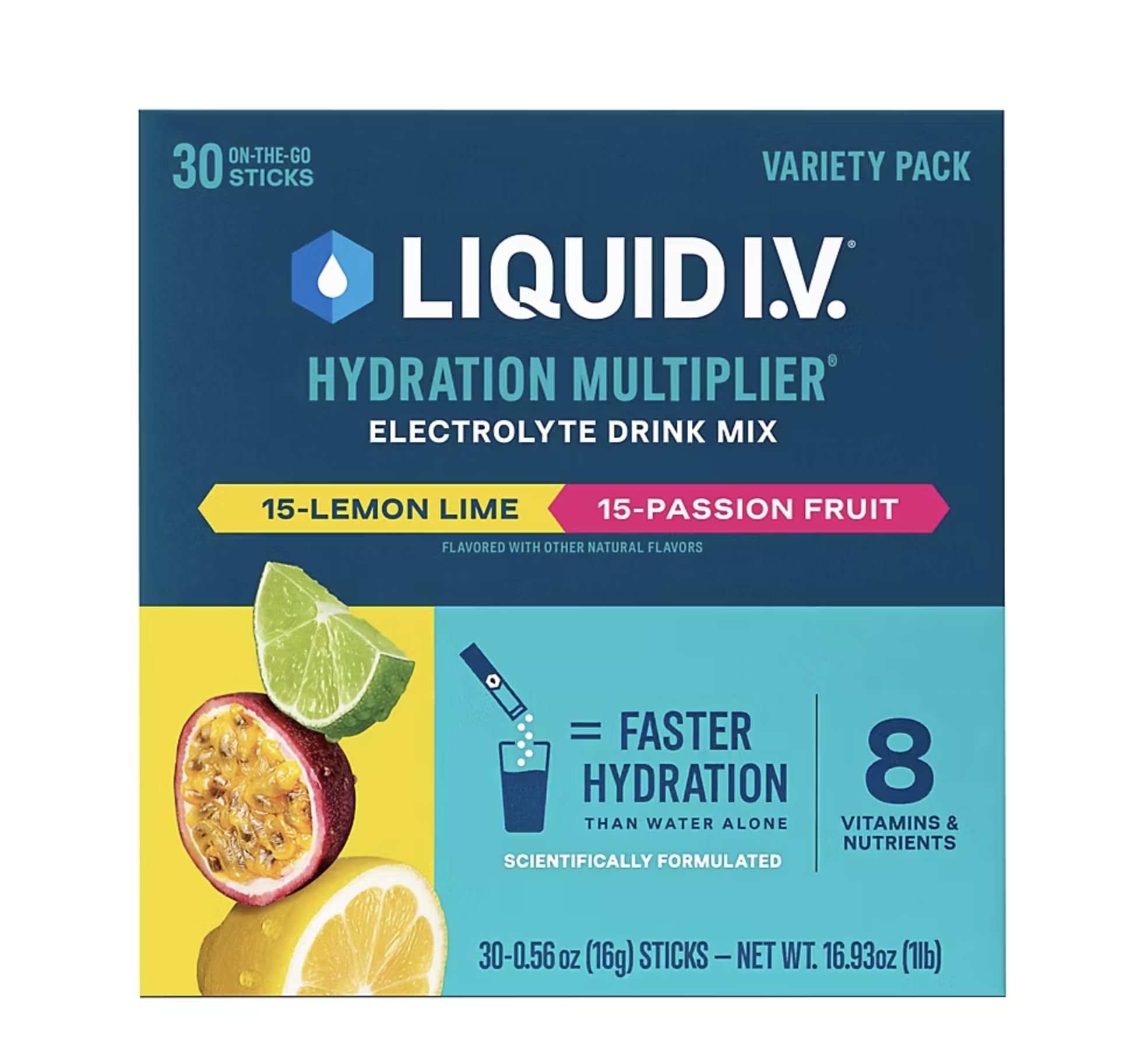 Liquid I.V. pack frontal mostrando 30 sobres y beneficio hidratación rápida