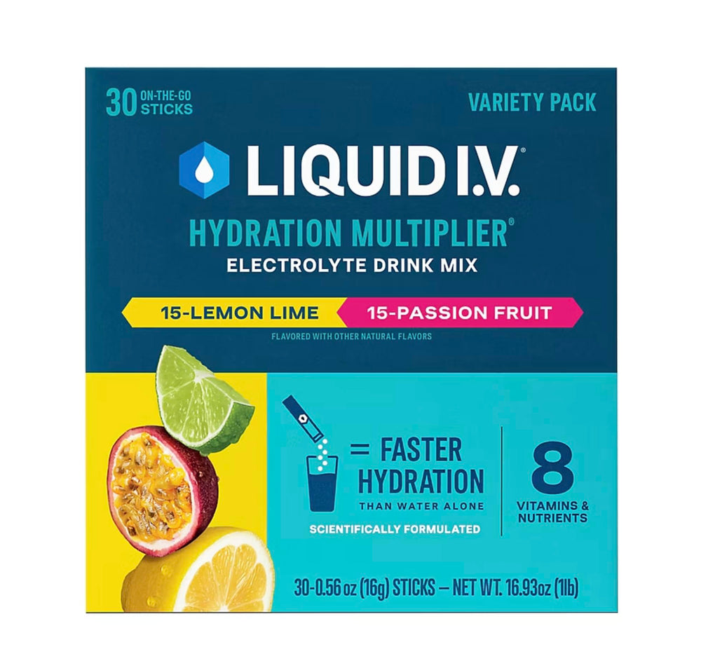 Liquid I.V. pack frontal mostrando 30 sobres y beneficio hidratación rápida