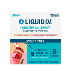 Liquid I.V. frente del paquete variedad sin azúcar mostrando 30 sobres y beneficios claros