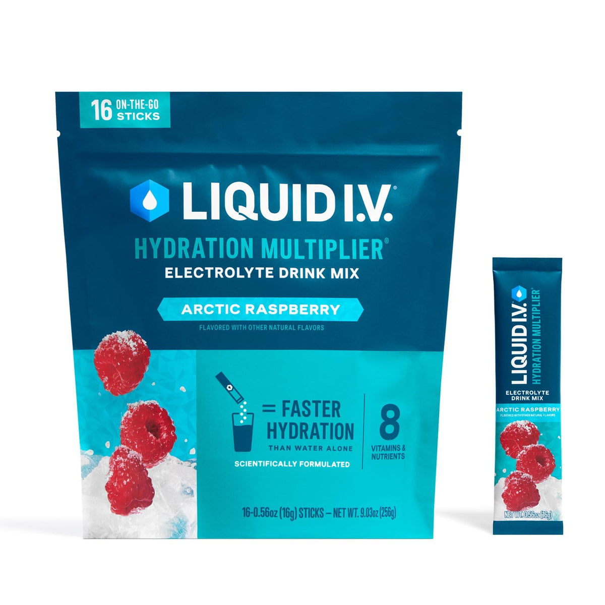 Liquid I.V. paquete frontal Arctic Raspberry mostrando conveniencia y marca