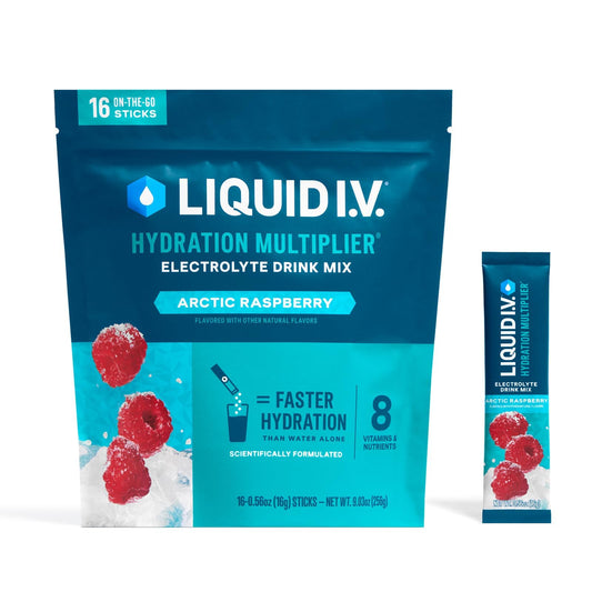 Liquid I.V. paquete frontal Arctic Raspberry mostrando conveniencia y marca