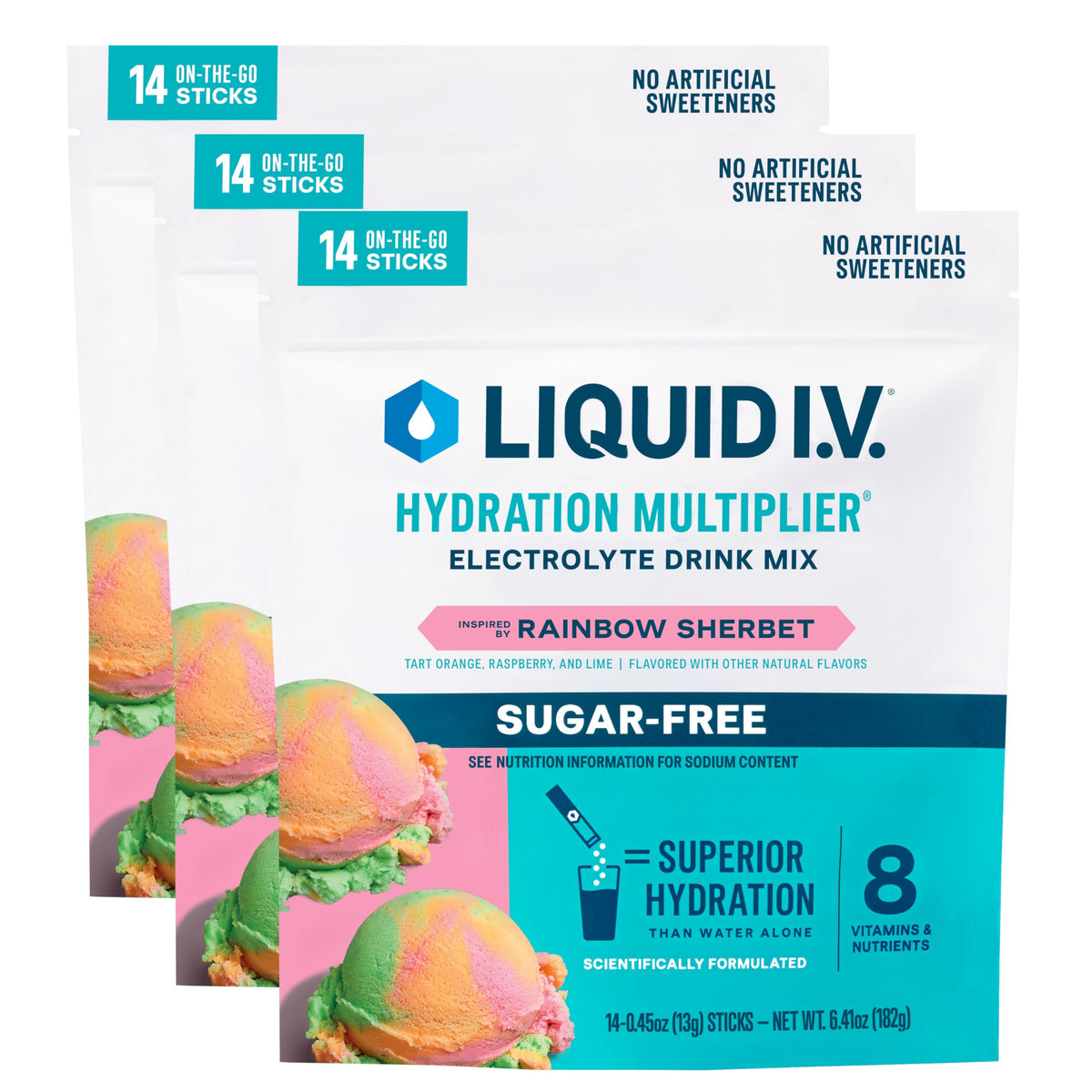 Liquid I.V. paquete frontal mostrando 42 sobres y beneficio de hidratación rápida