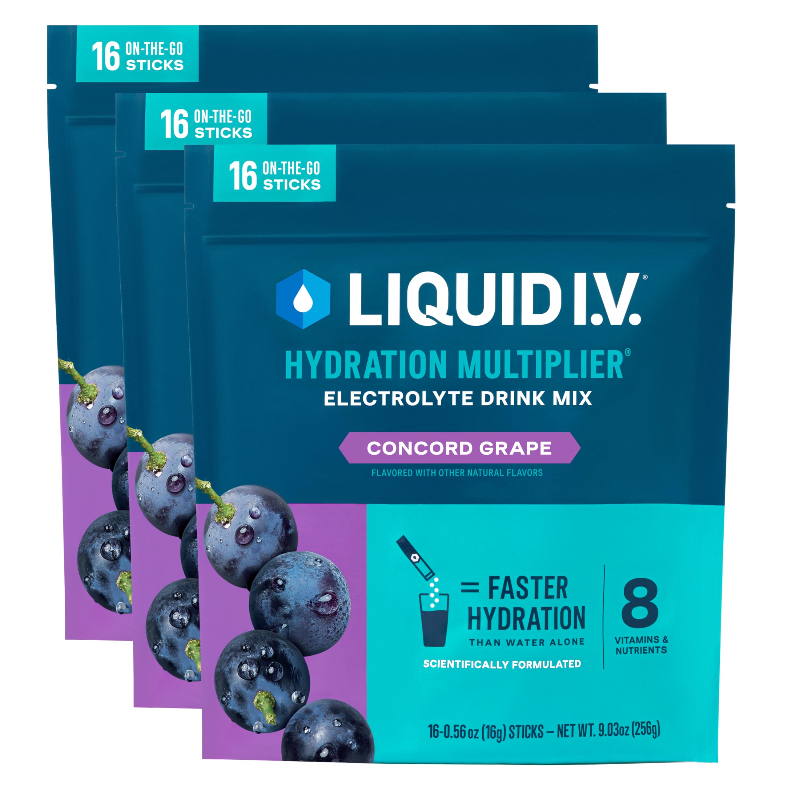 Liquid I.V. paquete frontal mostrando 48 sobres y etiqueta clara, conveniencia inmediata