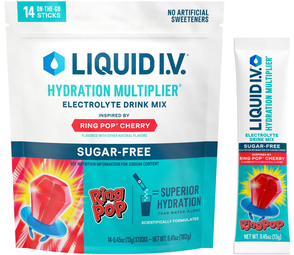 Liquid I.V. vista frontal del paquete mostrando 14 sobres y sabor Ring Pop