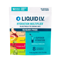Liquid I.V. paquete frontal mostrando variedad y conveniencia para hidratación rápida