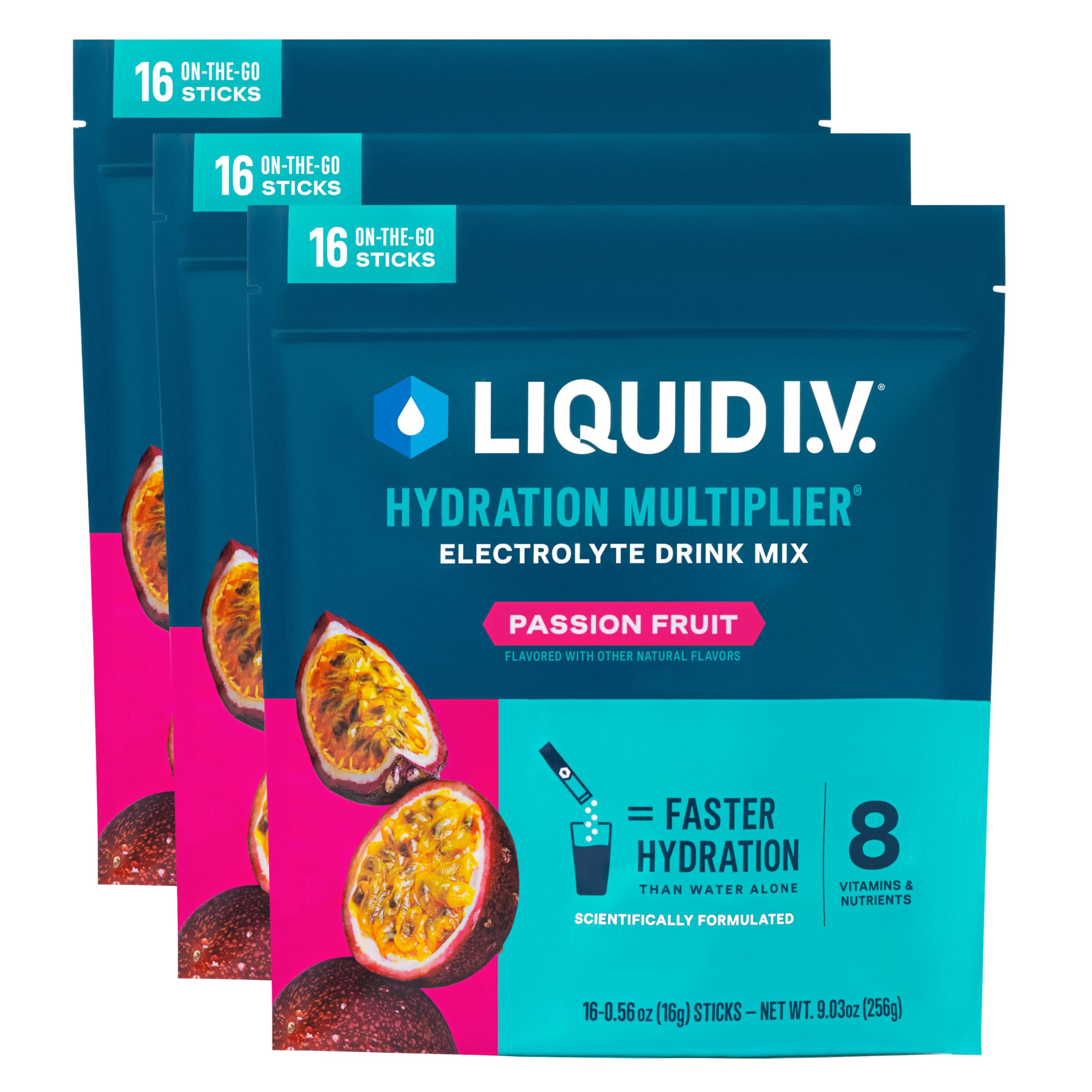 Liquid I.V. frente del empaque mostrando 48 sobres y beneficio de suministro prolongado