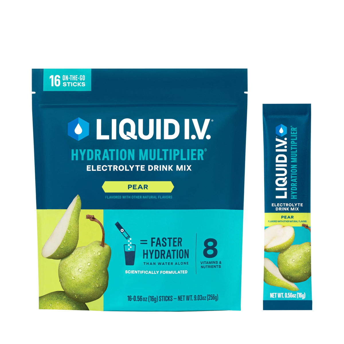 Liquid I.V. empaque frontal mostrando sabor pera y beneficios