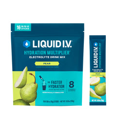 Liquid I.V. empaque frontal mostrando sabor pera y beneficios