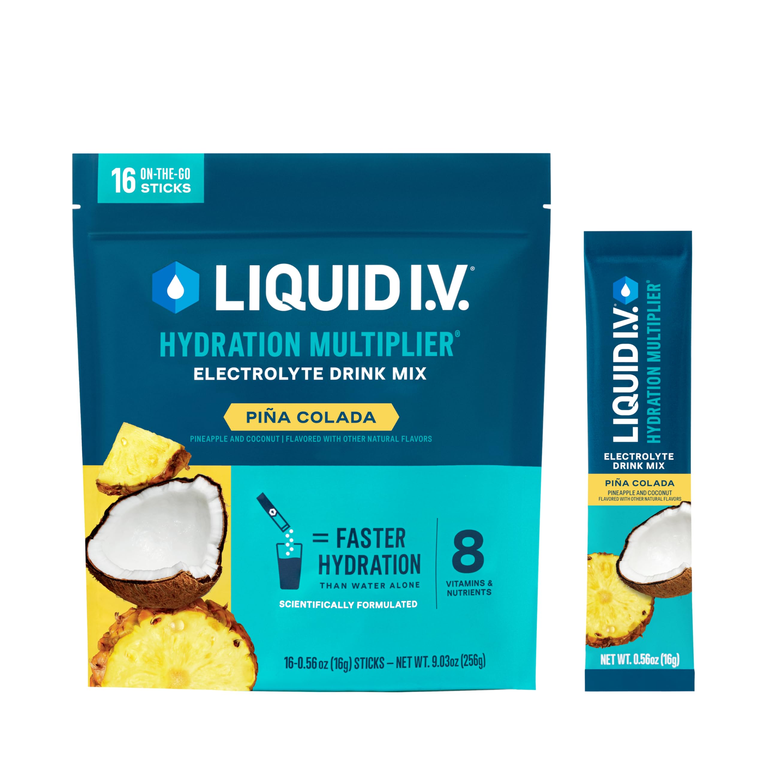 Liquid I.V. frente del empaque mostrando 16 sobres y beneficio portátil