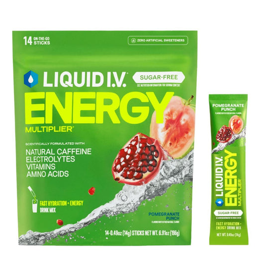 Liquid I.V. frente del empaque muestra 14 sobres y beneficios visibles