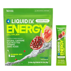 Liquid I.V. frente del empaque muestra 14 sobres y beneficios visibles