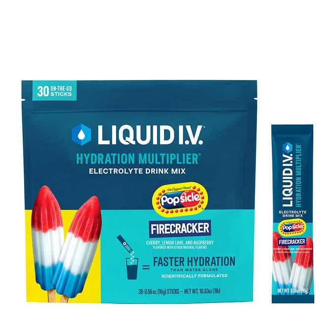 Liquid I.V. paquete de 30 sticks Popsicle Firecracker mostrando la caja y diseño, conveniente para llevar