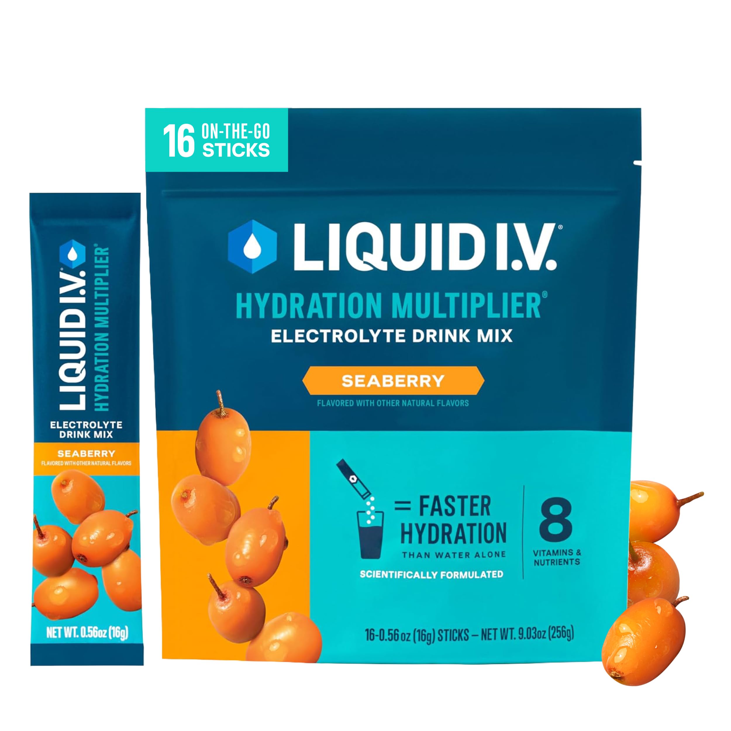Liquid I.V. empaque frontal Seaberry mostrando 16 sobres y beneficios