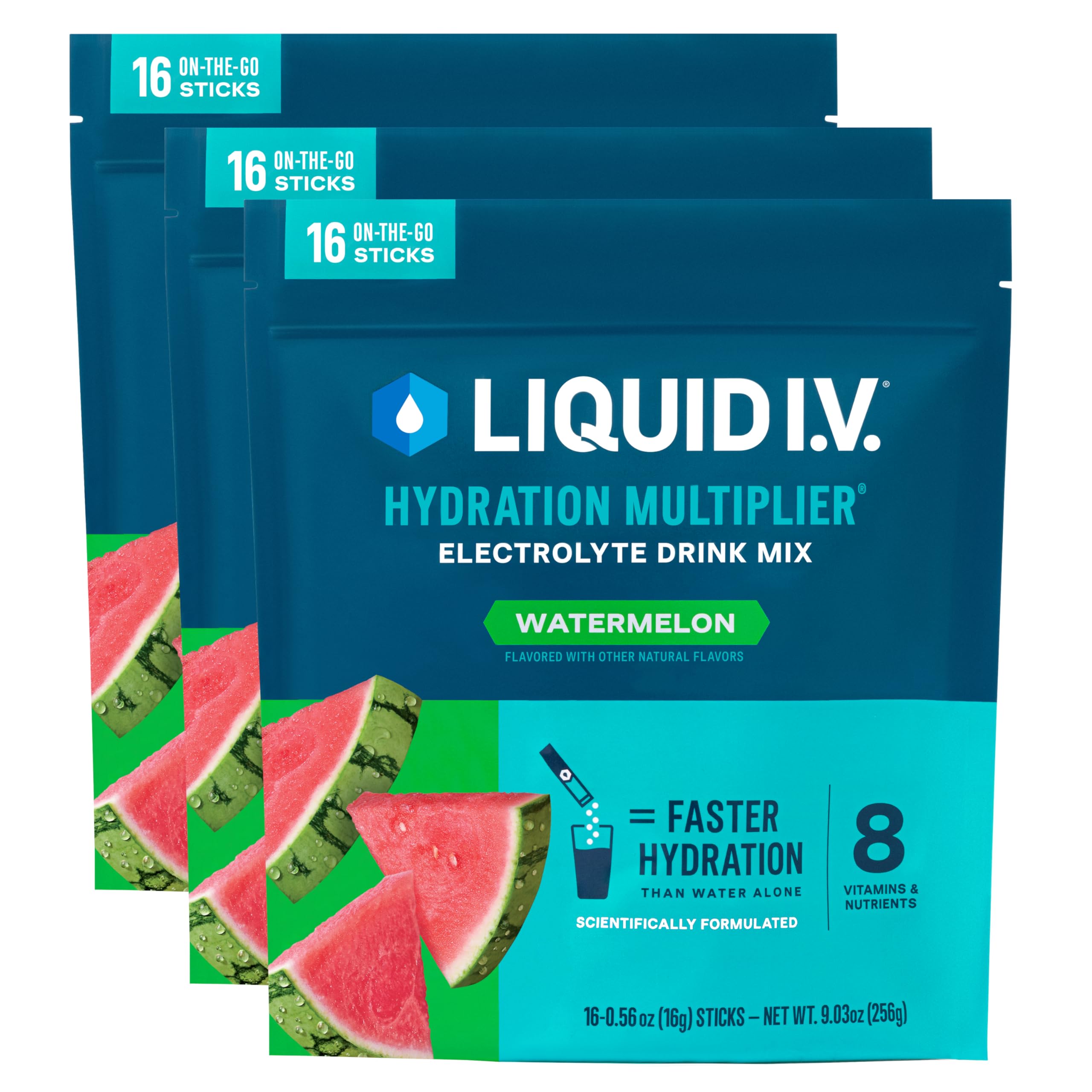 Liquid I.V. sobre frontal mostrando sabor sandía y fácil uso