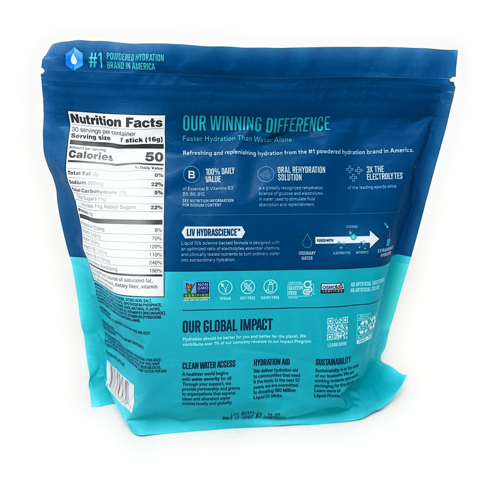 Liquid I.V. sticks distribuidos en dos cajas de treinta para conveniencia