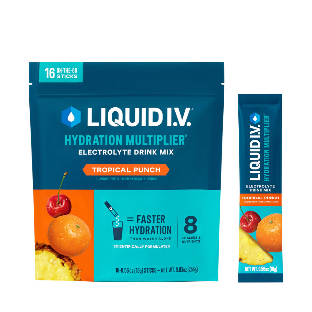 Liquid I.V. paquete frontal mostrando 16 sobres y beneficios