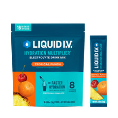 Liquid I.V. paquete frontal mostrando 16 sobres y beneficios