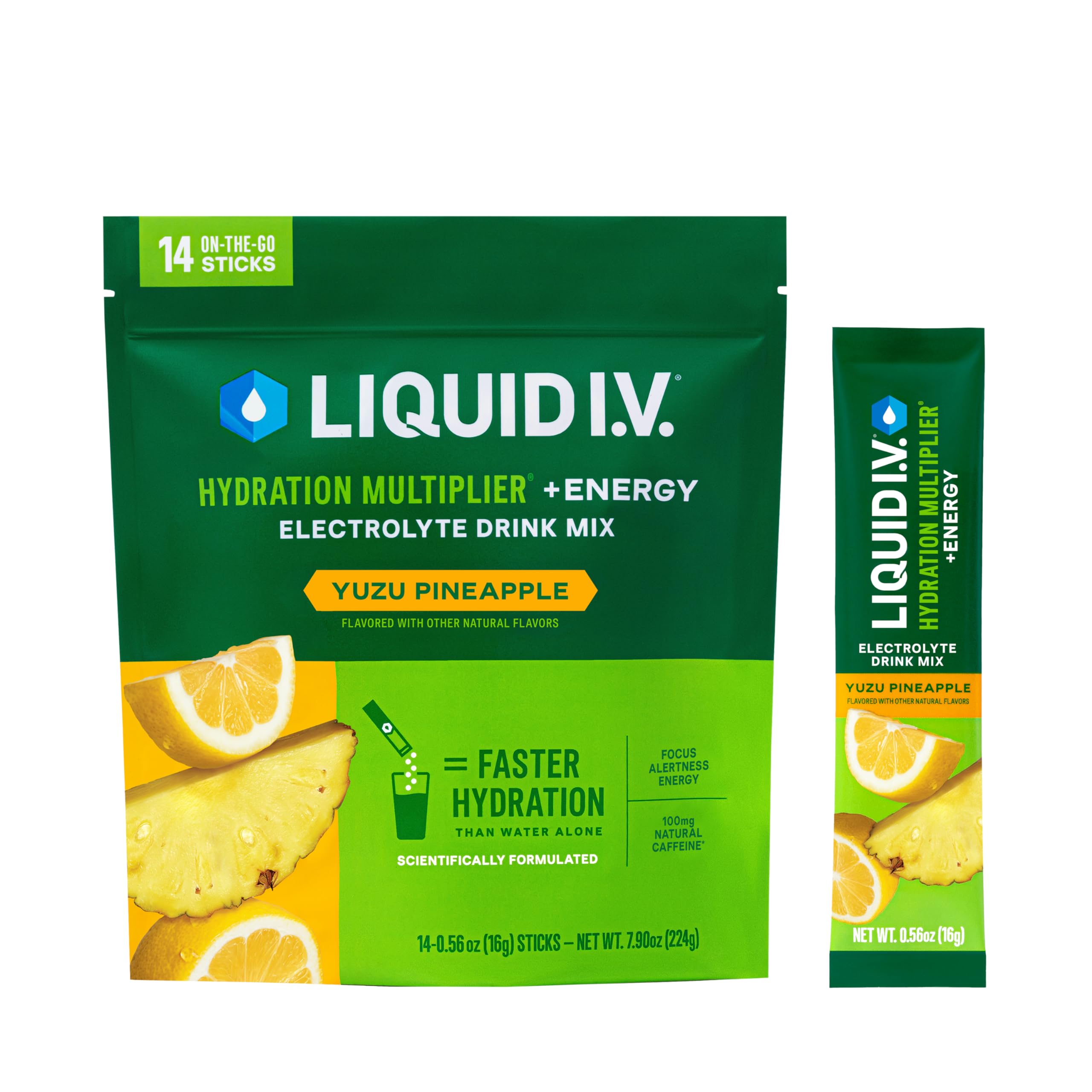 Liquid I.V. empaque frontal que muestra el sabor y beneficios visibles