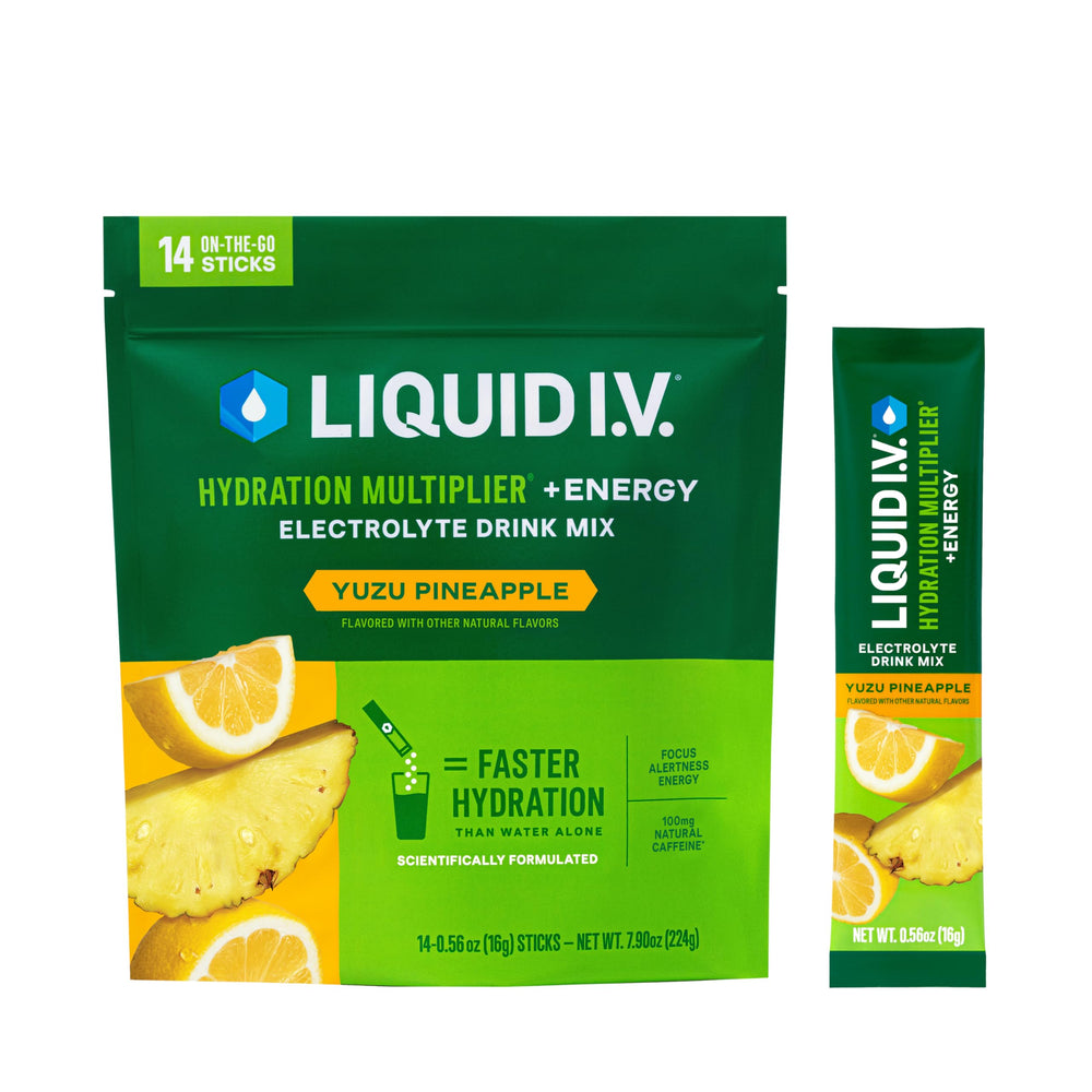 Liquid I.V. empaque frontal que muestra el sabor y beneficios visibles