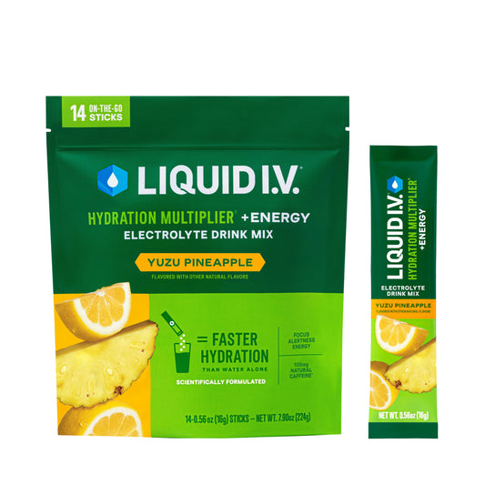 Liquid I.V. empaque frontal que muestra el sabor y beneficios visibles